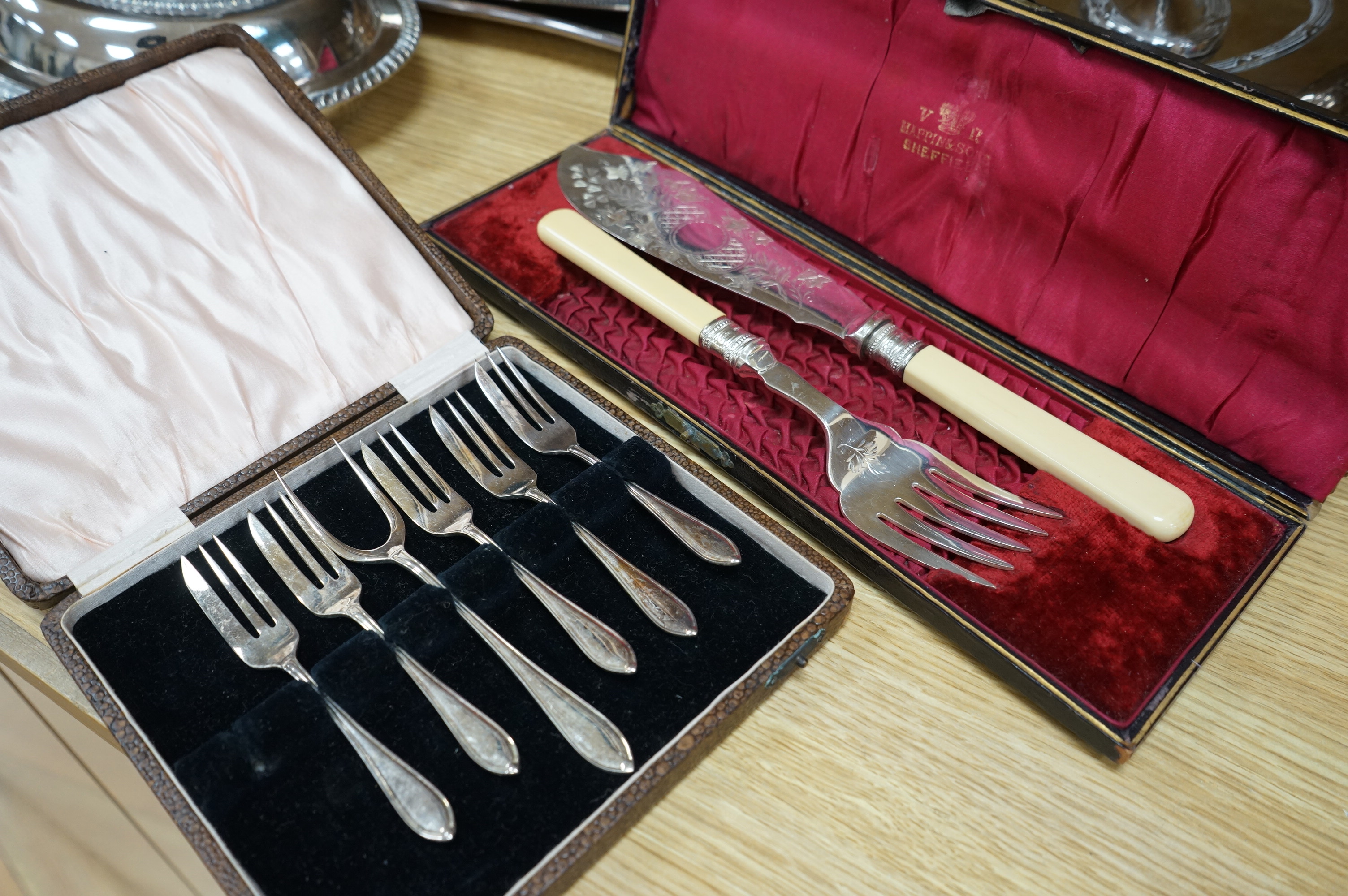 A quantity of plated wares, two trays three entree dishes, coasters and coffee pots etc, oval tray 64cm wife. Condition - good